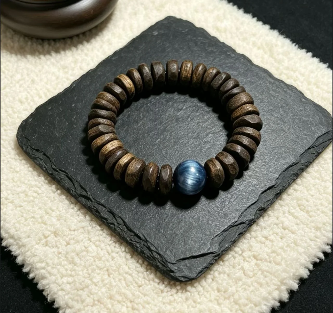 Premium agarwood bracelet with dark wood beads and jade accent