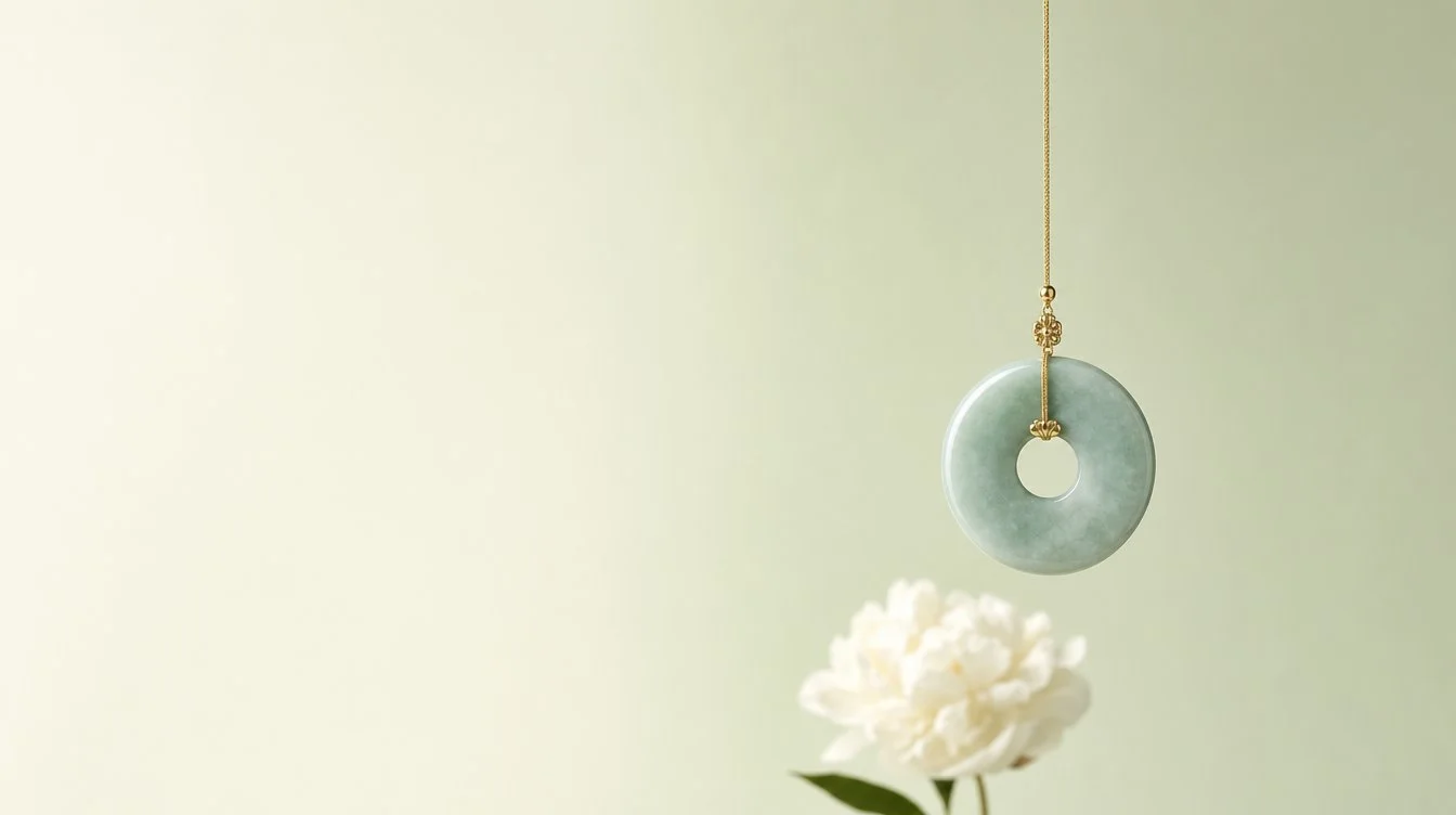 Jade bi disc pendant on gold thread with white peony — suspended in grace